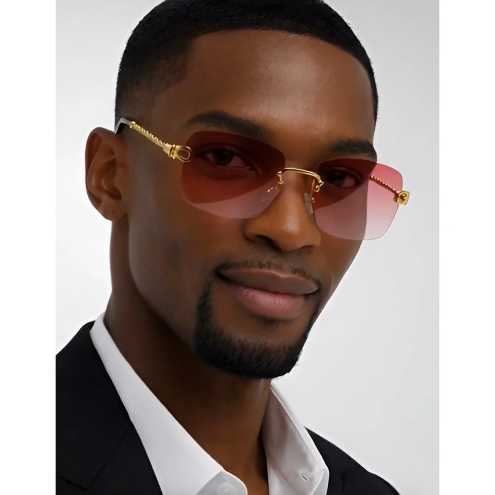 Classic Men Sunglasses Pink Lens Gold Frame Light Weight Comfortable Rimless New